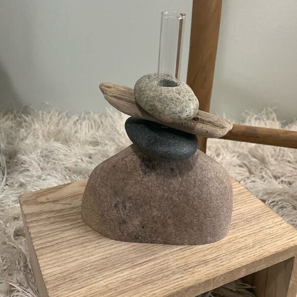 Small Cairn Style Boho Driftwood And Stone Bud Vase - Picture 1 of 14